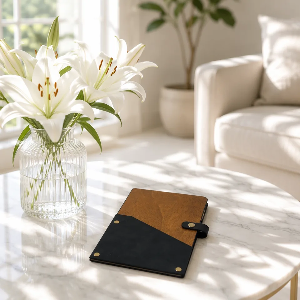 Tan and black bill holder displayed on a table