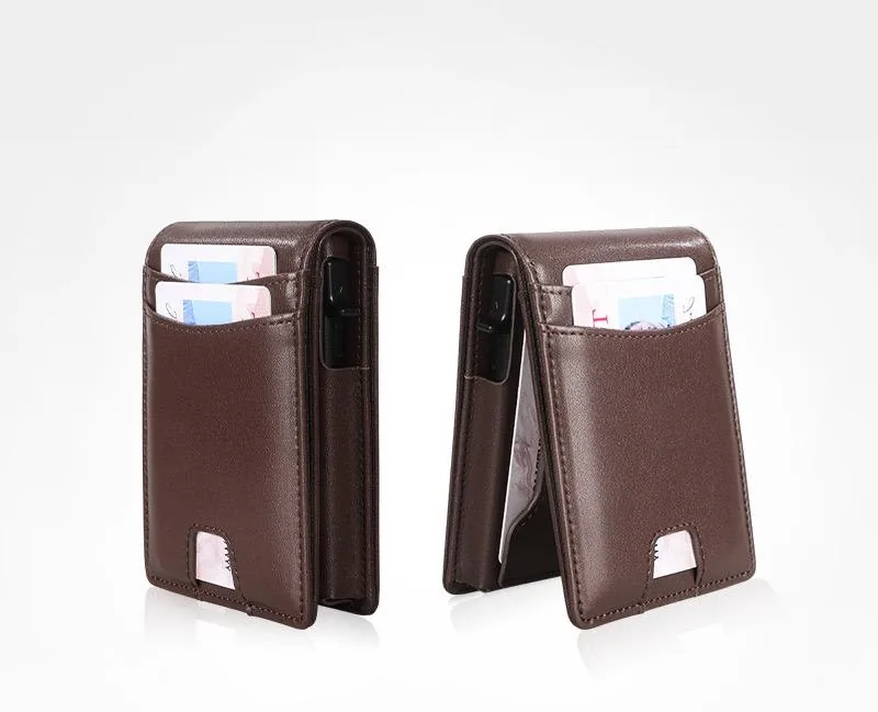 Coffee-coloured PU wallets showing front pockets and side profile