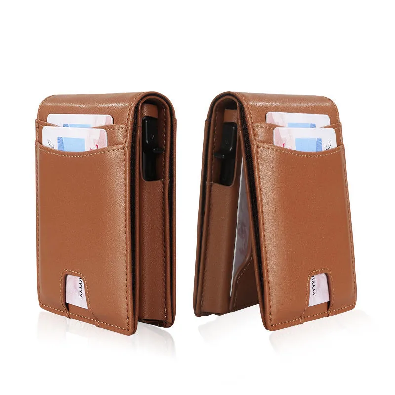 Tan PU pop-up wallet with cards in the exterior pockets
