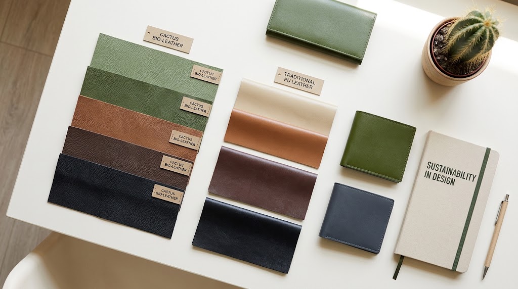 cactus bio-leather and PU leather swatches with eco-friendly wallets