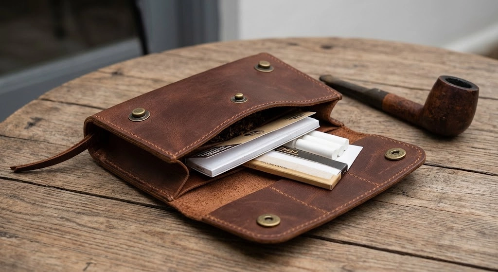Custom brown genuine leather tobacco pouch with rolling paper holder and filter slots