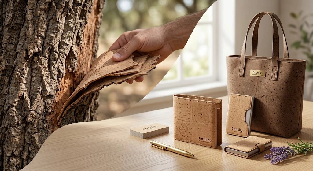 Split view showing eco-friendly natural cork oak tree bark harvesting on the left and finished luxury cork wallets, bags, and cardholders by Boshiho on the right